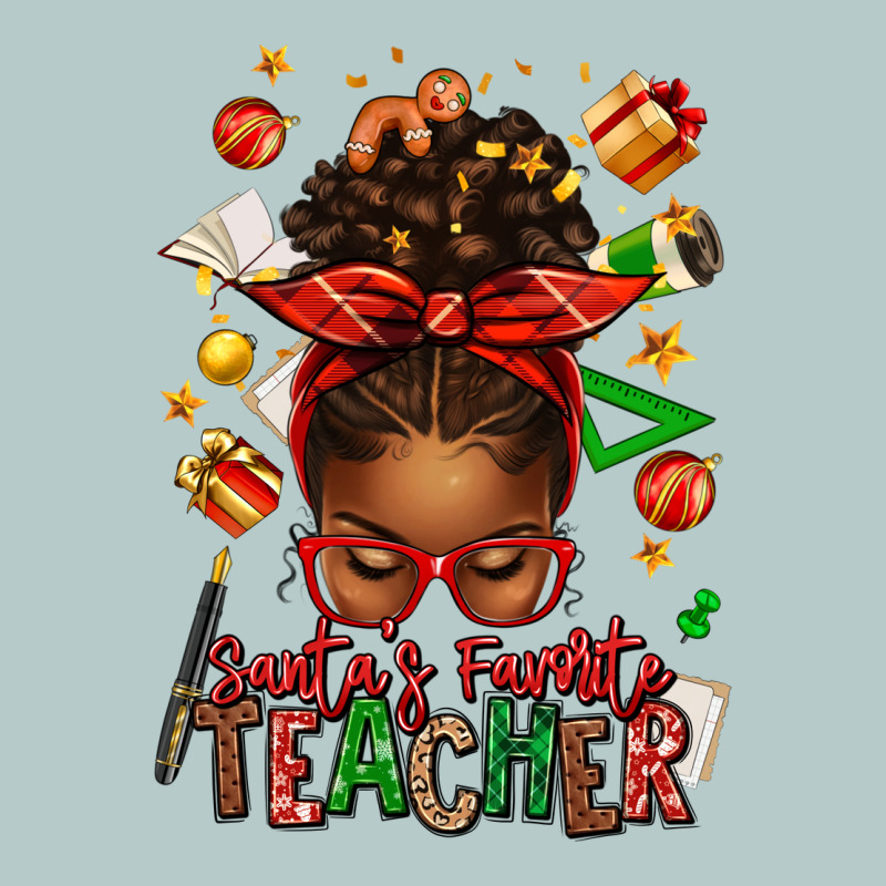 Santa's Favorite Teacher Afro Messy Bun Heavy Core Tee by texasbilliewilder | Teevron