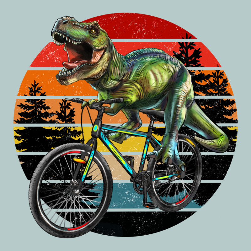 T Rex Dinosaur Riding Bicycle With Retro Forest Sunset Heavy Core Tee by RanaPortraitStore | Teevron