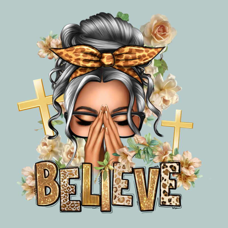 Silver White Believe Praying Caucasian Messy Bun Heavy Core Tee by texasbilliewilder | Teevron