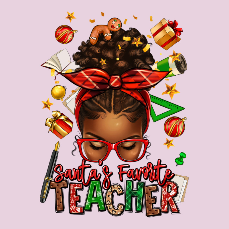Santa's Favorite Teacher Afro Messy Bun Ladies Tee by texasbilliewilder | Teevron