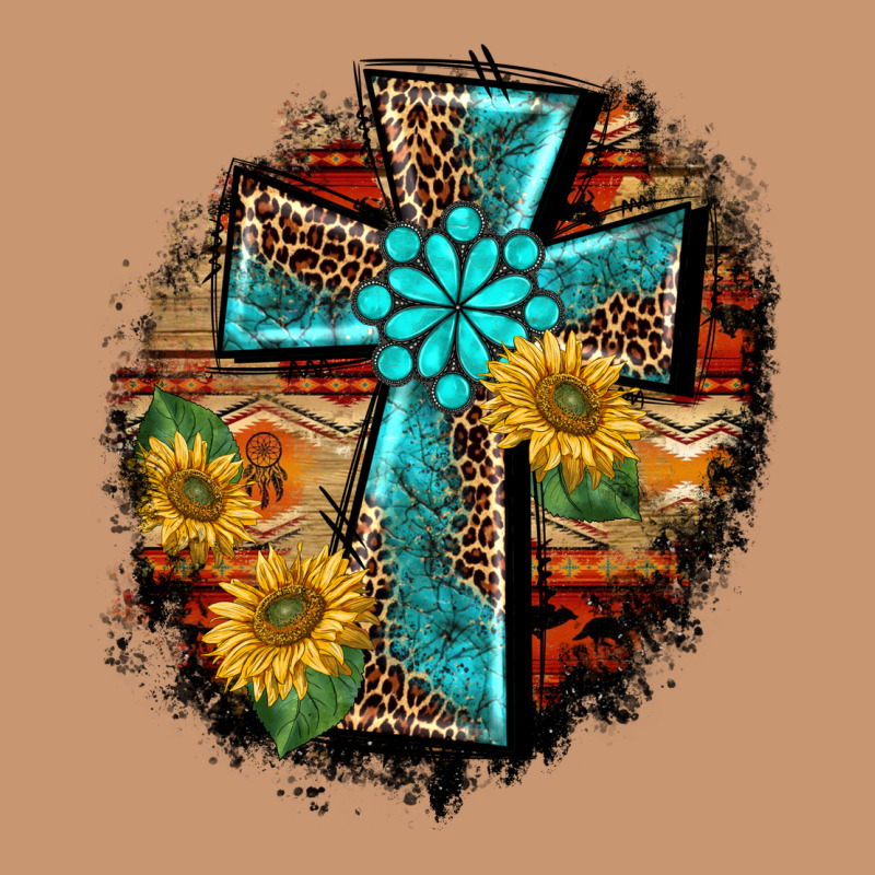 Western Turquoise's Leopard Cross  Wooden Aztek Sunflowers Background Heavyweight Hoodie by BarkalooDesign | Teevron