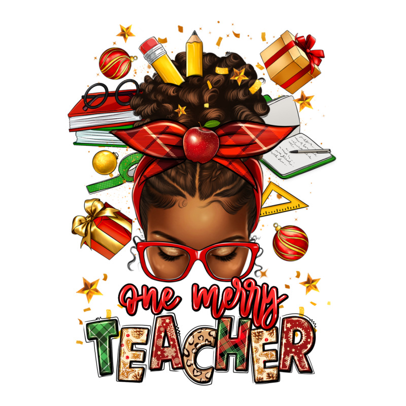 One Merry Teacher Afro Messy Bun Ladies Tee by texasbilliewilder | Teevron