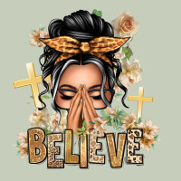 Gray Hair Believe Praying Caucasian Messy Bun Ladies Tee | Teevron