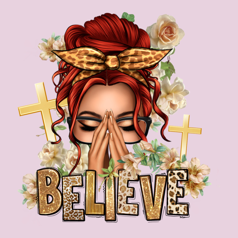 Red Hair Believe Praying Caucasian Messy Bun Ladies Tee by texasbilliewilder | Teevron