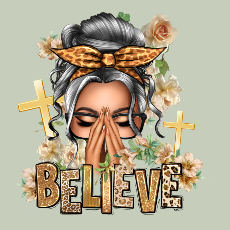 Silver White Believe Praying Caucasian Messy Bun Ladies Tee by texasbilliewilder | Teevron
