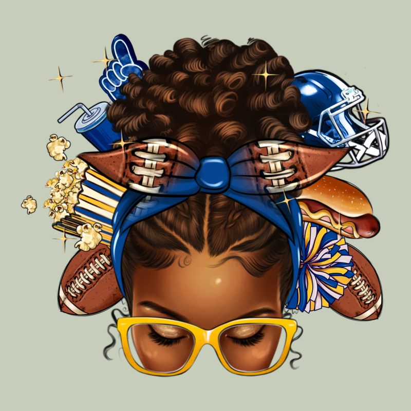 Blue And Gold American Football Afro Messy Bun Long Sleeve Tee by texasbilliewilder | Teevron