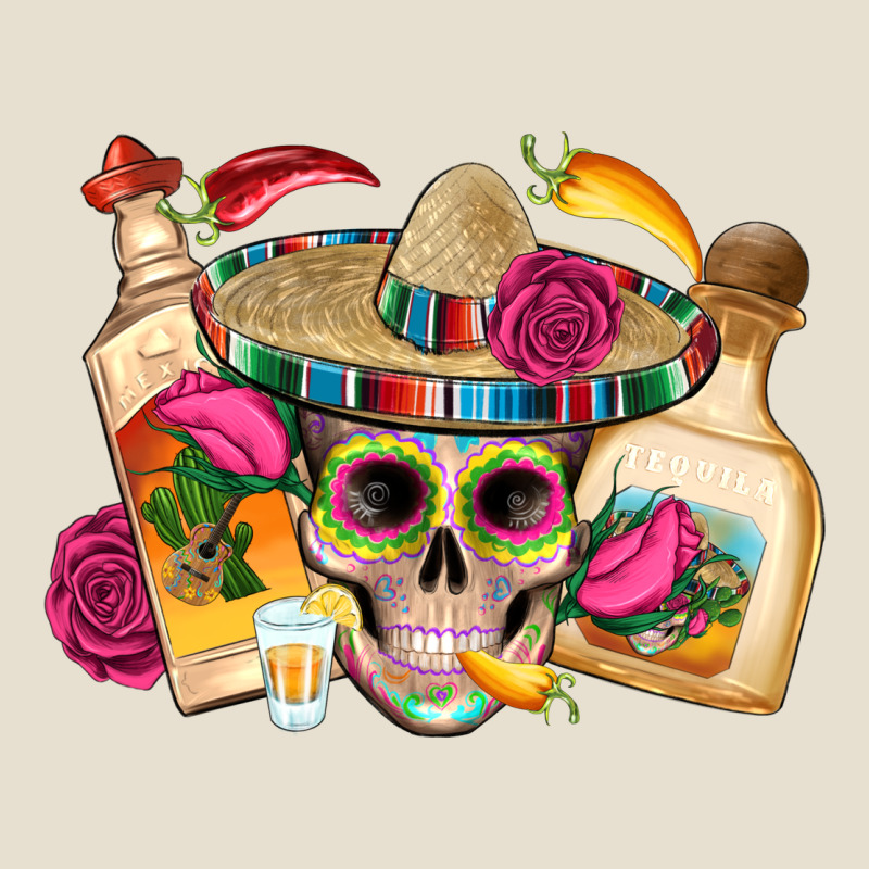Mexican Skull Sombrero Tequila Bottle Paper Roses Urban Heavy Tee by Artiststas | Teevron