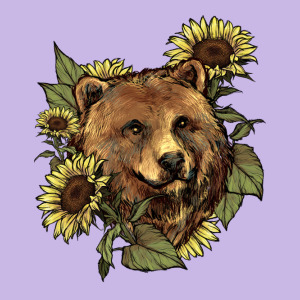 Bear Head Sunflowers Heavy Core Tee Designed By Nancycooperartshop