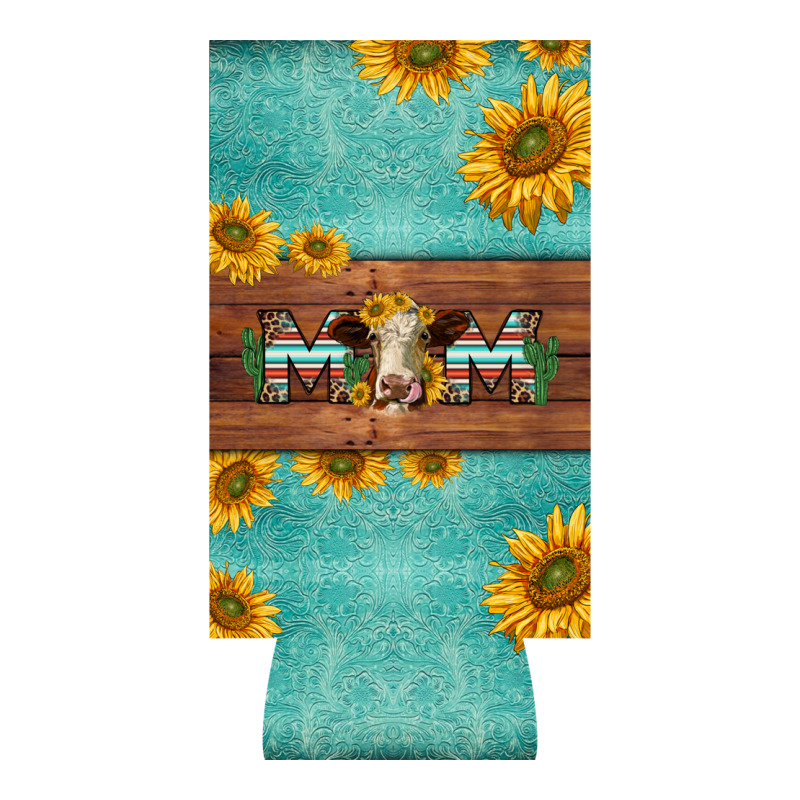 Mom Hereford Cattle Sunflowers On Tooled Leather Slim Can Cooler Premium Tee by BarkalooDesign | Teevron