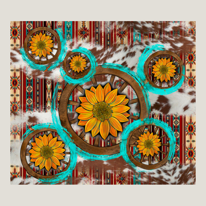 Sunflowers And Western Old Wheel Aztec Cowhide Background Heavy Core Tee by Artiststas | Teevron