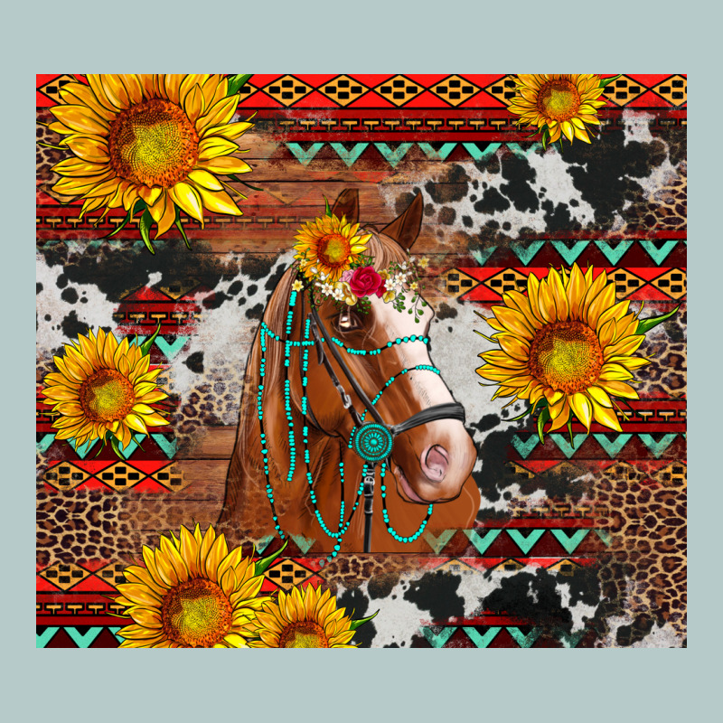 Western Horse With Sunflowers And Aztec Leopard Cowhide Heavy Core Tee by Artiststas | Teevron