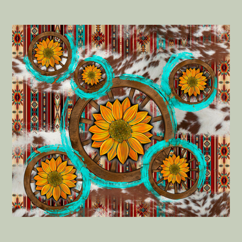 Sunflowers And Western Old Wheel Aztec Cowhide Background Ladies Tee by Artiststas | Teevron