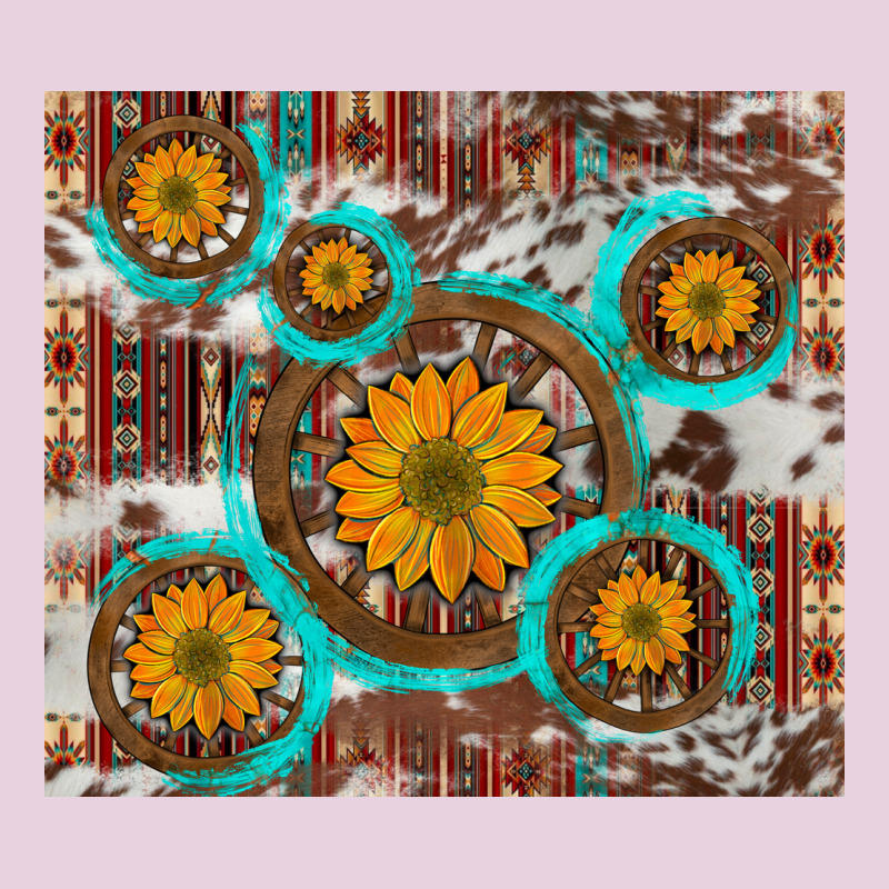 Sunflowers And Western Old Wheel Aztec Cowhide Background Ladies Tee by Artiststas | Teevron
