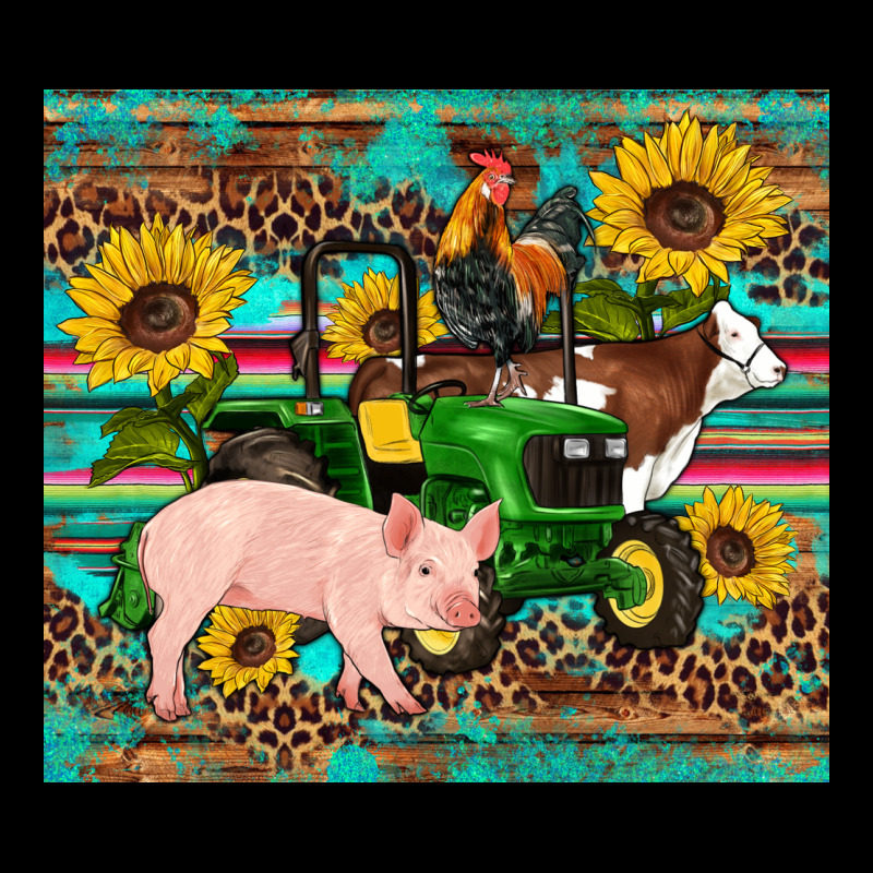 Western Farm Tractor Pig Rooster Cow Sunflowers Ladies Tee by Artiststas | Teevron