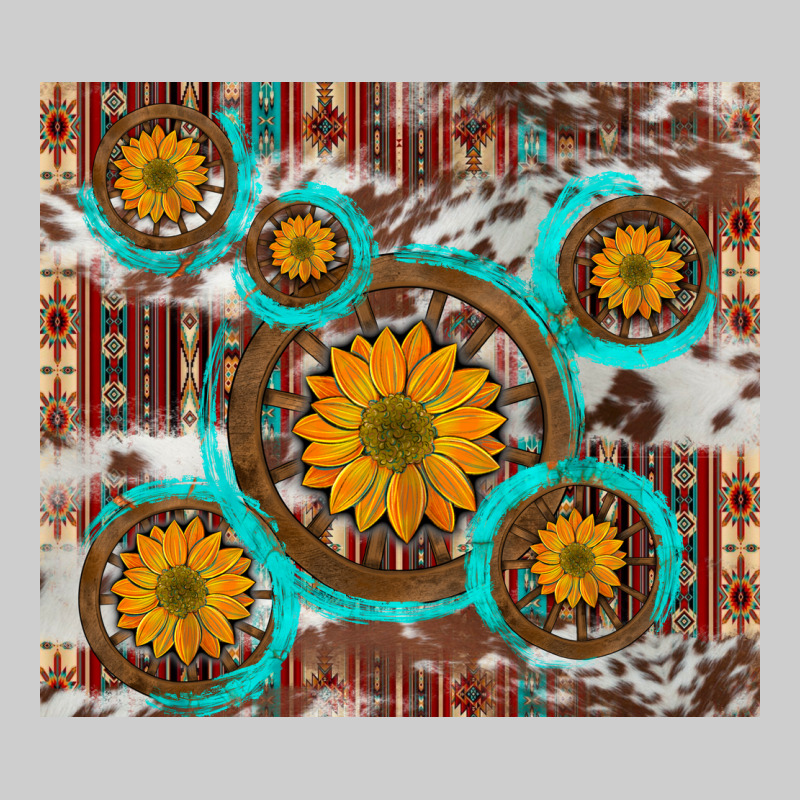 Sunflowers And Western Old Wheel Aztec Cowhide Background Premium Tee by Artiststas | Teevron
