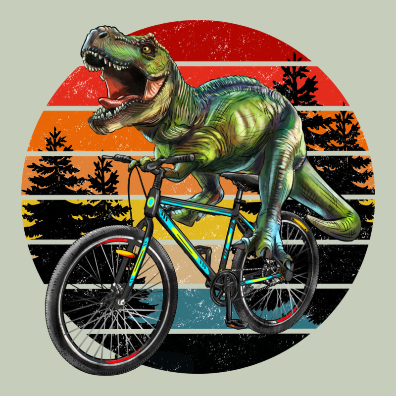 T Rex Dinosaur Riding Bicycle With Retro Forest Sunset Ladies Tee by RanaPortraitStore | Teevron