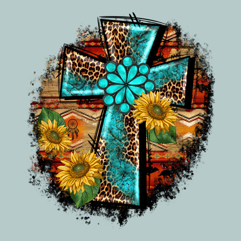 Western Turquoise's Leopard Cross  Wooden Aztek Sunflowers Background Heavy Core Tee by BarkalooDesign | Teevron