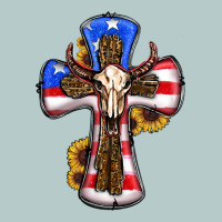 American Flag Cross Cow Skull Sunflowers Heavy Core Tee | Teevron
