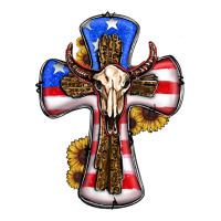 american flag cross cow skull sunflowers | Teevron