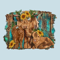 Highland Cow Family Cattle And Calf With Sunflower And Turquoise Backg Ladies Tee | Teevron