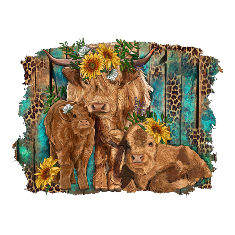 Highland Cow Family Cattle And Calf With Sunflower And Turquoise Backg Ladies Tee by RanaPortraitStore | Teevron