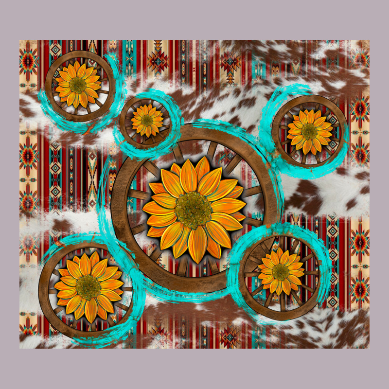 Sunflowers And Western Old Wheel Aztec Cowhide Background Vintage Tee by Artiststas | Teevron