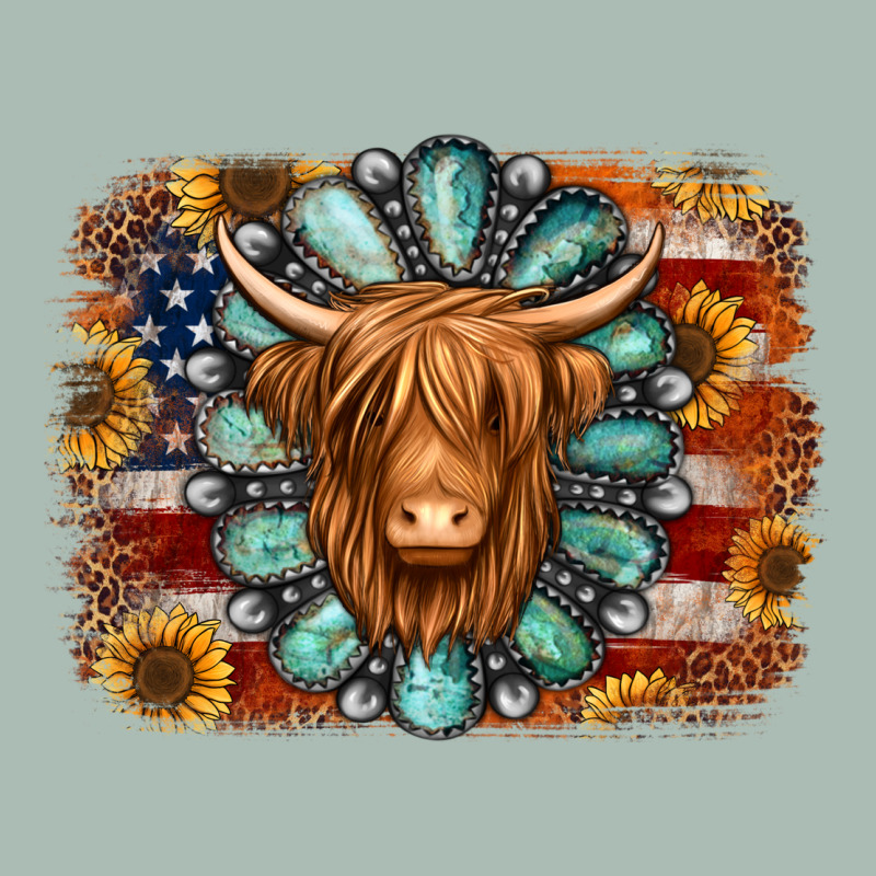 American Flag Sunflowers Highland Cow Turquoise Background Classic Tee by Jasminsmagicworld | Teevron