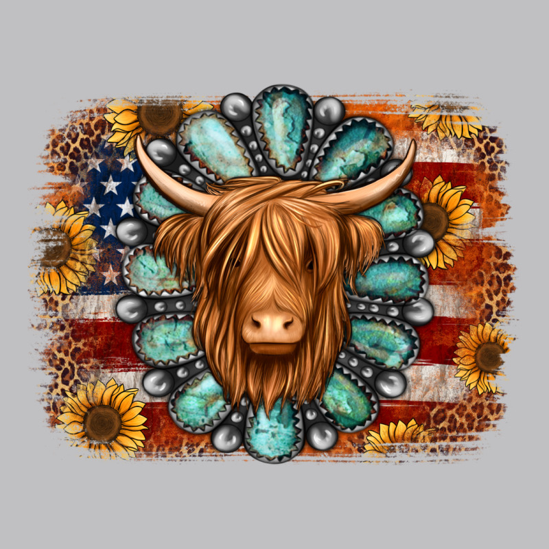 American Flag Sunflowers Highland Cow Turquoise Background Long Sleeve Tee by Jasminsmagicworld | Teevron
