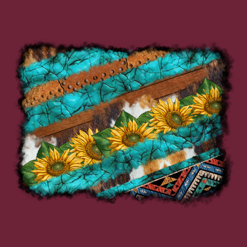 Western Aztec Sunflowers Turquoise Cowhide Background Long Sleeve Tee by BarkalooDesign | Teevron