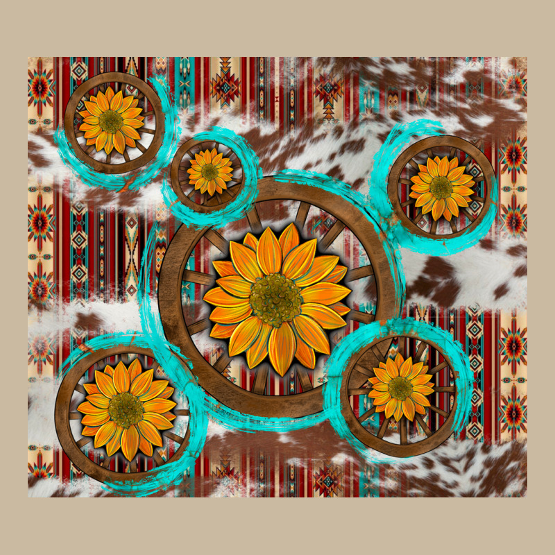 Sunflowers And Western Old Wheel Aztec Cowhide Background Long Sleeve Tee by Artiststas | Teevron