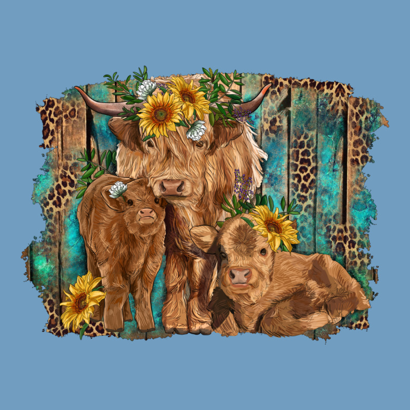 Highland Cow Family Cattle And Calf With Sunflower And Turquoise Backg Urban Heavy Tee by RanaPortraitStore | Teevron