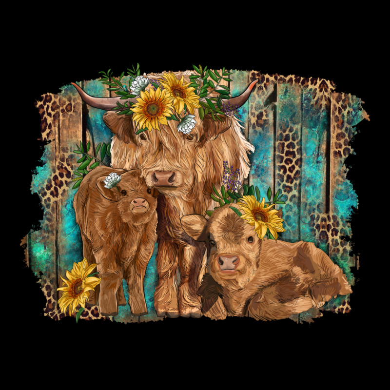 Highland Cow Family Cattle And Calf With Sunflower And Turquoise Backg Long Sleeve Tee by RanaPortraitStore | Teevron