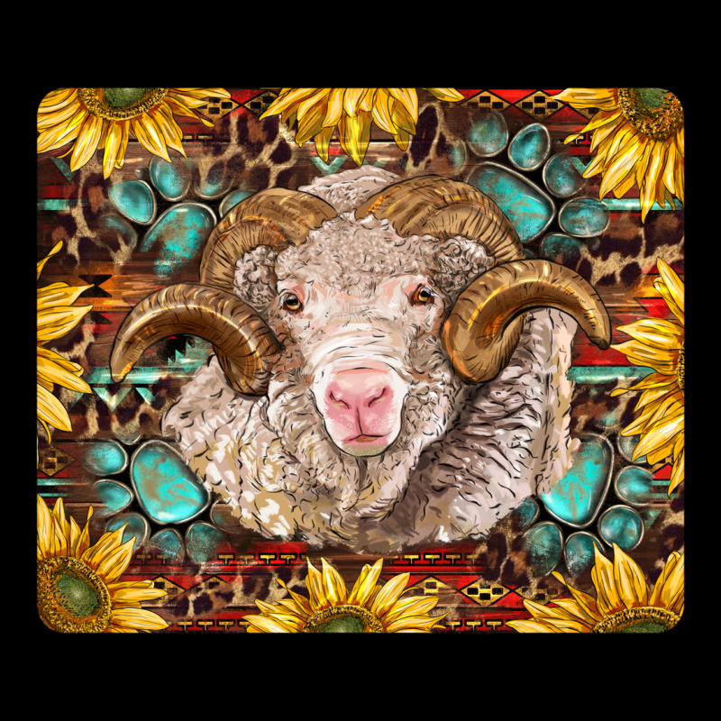 Merino Ram With Sunflowers And Gemstone Mousepad Ladies Tee by BarkalooDesign | Teevron