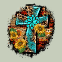 Western Turquoise's Leopard Cross  Wooden Aztek Sunflowers Background Ladies Tee | Teevron