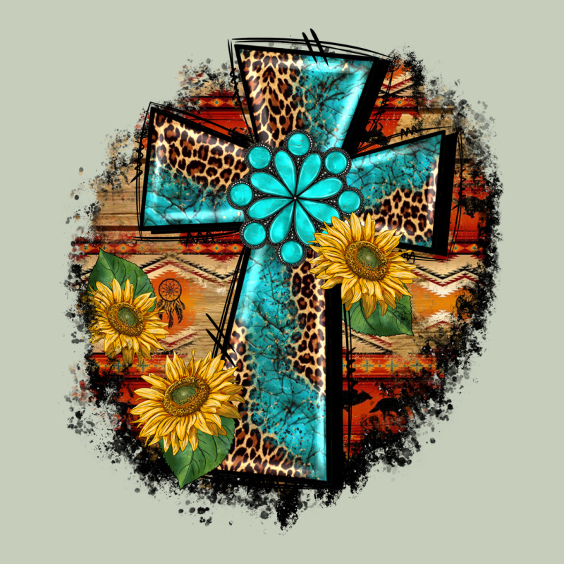 Western Turquoise's Leopard Cross  Wooden Aztek Sunflowers Background Ladies Tee by BarkalooDesign | Teevron