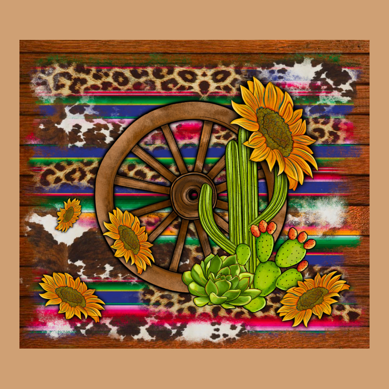 Cactus And Sunflowers With Old Wheel Serape Leopard Cowhide Background Vintage Tee by Artiststas | Teevron