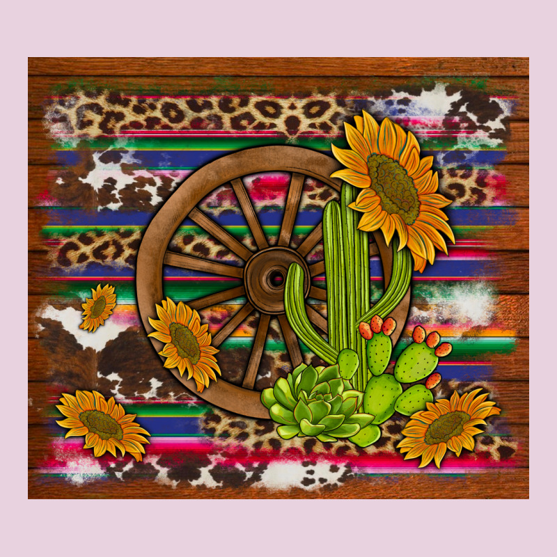 Cactus And Sunflowers With Old Wheel Serape Leopard Cowhide Background Ladies Tee by Artiststas | Teevron