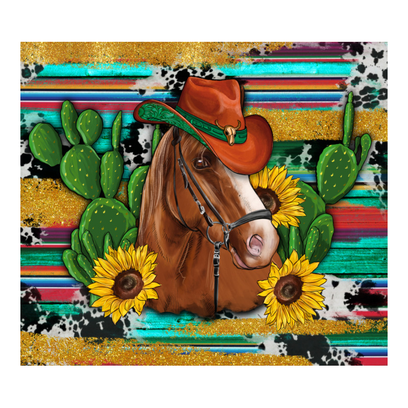 Western Horse Cowboy Hat Cactus Sunflowers Glitter Cowhide Serape Turq Long Sleeve Tee by Artiststas | Teevron