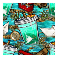 fish coffee cups and reeds with paper boat and leopard lake seamless p | Teevron