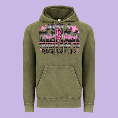Just A Mama Out Here Trying Not To Raise Assholes Vintage Hoodie Designed By Cowhidedigitalart