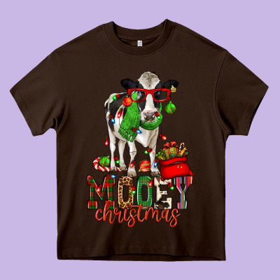 Mooey Christmas Holstein Cow Heavy Core Tee Designed By Cowgirlartshop