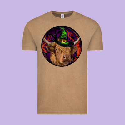 Halloween Highland Cow Round Vintage Tee Designed By Ranaportraitstore