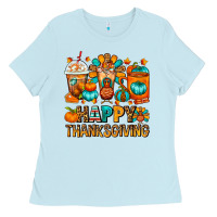 Baby Blue Happy Thanksgiving Coffee Cups Ladies Tee - FaDigitalArtStudio