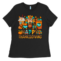 Black Happy Thanksgiving Coffee Cups Ladies Tee - FaDigitalArtStudio