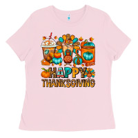 Bubblegum Pink Happy Thanksgiving Coffee Cups Ladies Tee - FaDigitalArtStudio