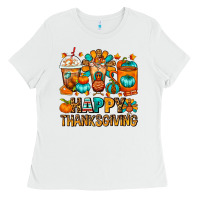 White Happy Thanksgiving Coffee Cups Ladies Tee - FaDigitalArtStudio