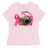Bubblegum Pink floral cancer ribbon vintage camera Ladies Tee - FaDigitalArtStudio