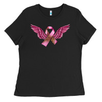 Black Breast Cancer ribbon with angel wings Ladies Tee - FaDigitalArtStudio
