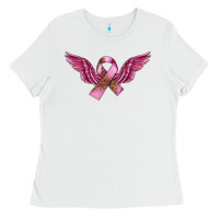 White Breast Cancer ribbon with angel wings Ladies Tee - FaDigitalArtStudio