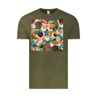 Vintage Olive bakery coffee cups cookie and donut with turquoise glitter seamless pa Vintage Tee - BundleAndBundleShop